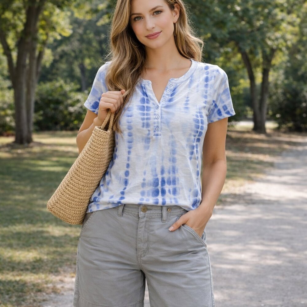 NEW Belle by Kim Gravel Tie Dye Top Blue White XS QVC Knit